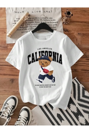 ELNOYA تي شيرت كاجوال مريح مطبوع عليه "Californiye Teddy Bear" من القطن الأبيض للجنسين