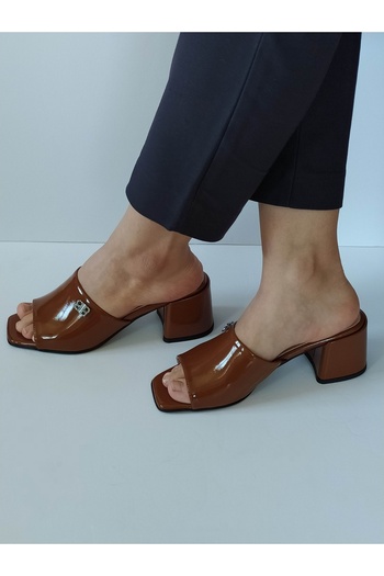 ERS Air Comfort Women's Tan Patent Leather Genuine Leather Heeled Slippers with Buckle Daily