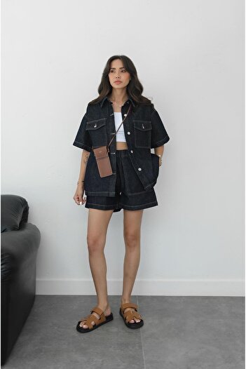 Havoş Navy Blue Shorts Shirt Denim Suit