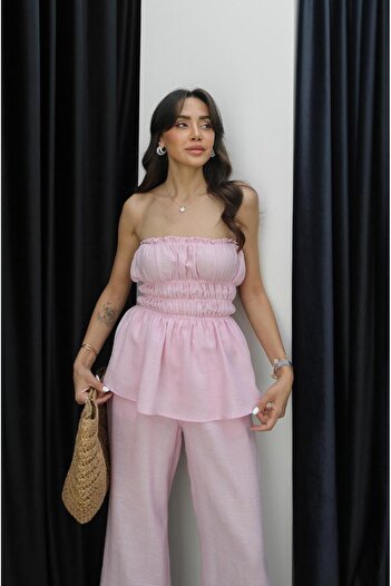 Havoş Pink Rage Strapless Blouse Pants Suit