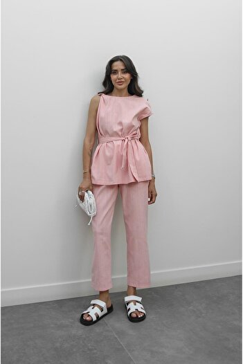 Havoş Pink Shoulder Embroidered Blouse Pants Set