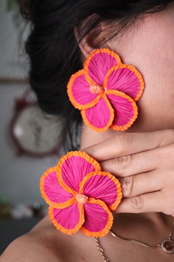 Gizy Store Polymer Clay Bicolor Orange Oembe Hibiscus Flower Earring