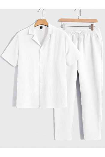 viperkombin Men's Short Sleeve Shirt and Pants 2-Piece Summer Suit Wrinkle Fabric