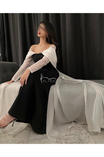 ALANOOD FASHION Ahlam evening dress, black and white, with sequined sleeves