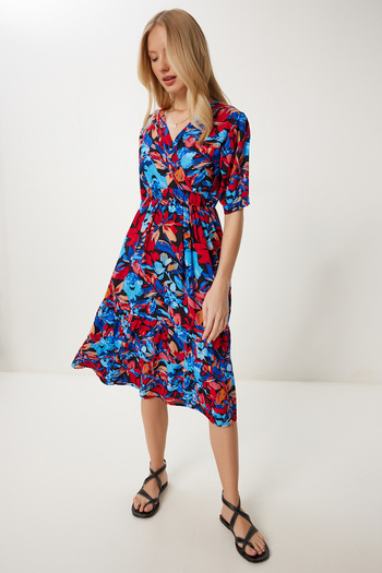 Happiness İstanbul Rochie de vară din viscoză cu model pentru femei, albastru, burgundă, cu guler înfășurat ZV00319
