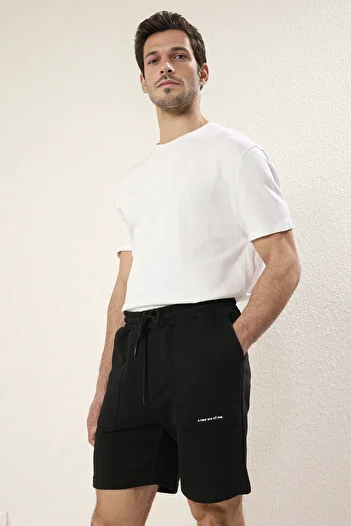 Trendyol Collection Letter Print Black Shorts - Regular Fit Tmnss24Sr00056