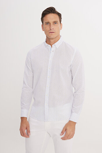 ALTINYILDIZ CLASSICS White Linen Slim Fit Shirt - Navy Blue, Buttoned Collar, Printed