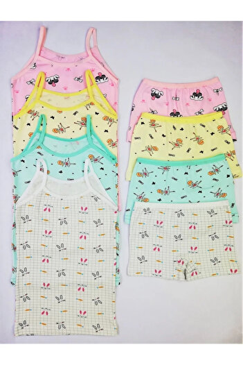 ADN Underwear 4 Adet Kız Çocuk Desenli Atlet Boxer Külot Takım Pamuklu Sarı Ekru Mint Pembe Set