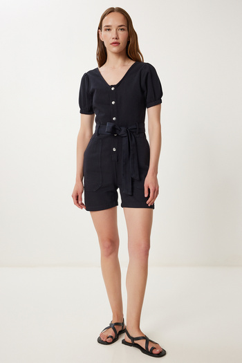 Happiness İstanbul Schwarzer Mini-Gabardine-Overall für Damen mit Gürtel WF00112