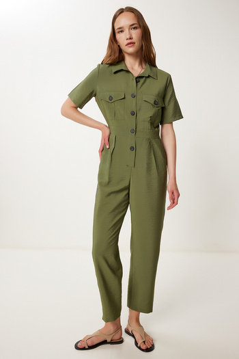 Happiness İstanbul Women's Khaki Stripe Detailed Ayrobin Jumpsuit Wf00134
