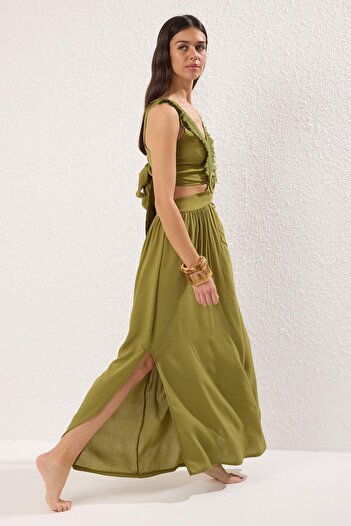 Trendyol Collection Khaki Maxi Woven Tassels Beach Dress Tbess21El3624