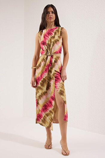 Trendyol Collection Multicolored Abstract Patterned Waist Low-Cut Maxi Woven Dress Twoss25El00788