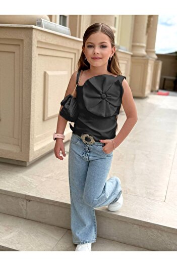 Ribbon kids Girl's Floral Detailed Strap Blouse & Wide Leg Jeans Set