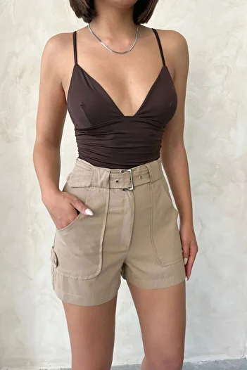 bacc Beige Self Belt Pocket Gabardine Summer Shorts Bchn-2525289