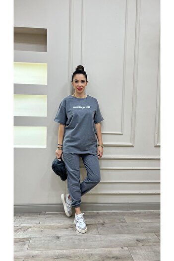 DUBU BUTİK Thatssofetch Füme T-shirt Eşofman Altı Jogger - Beyaz Baskılı Eşofman Takımı Oversize