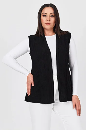 Uludağ Triko Women's Black Corded Embroidered V-Neck Seasonal Knitwear Mother Summer Vest