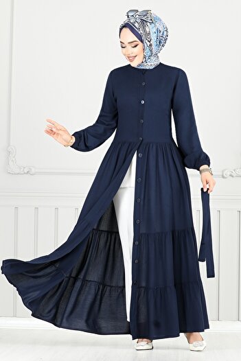 ModaMerve Viscose Dress with Elastic Cuffs 1124Bgs895-M Navy