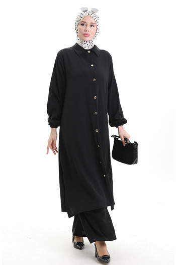 sefamerve Buttoned Long Tunic Trousers Double Suit 0089-02 Black