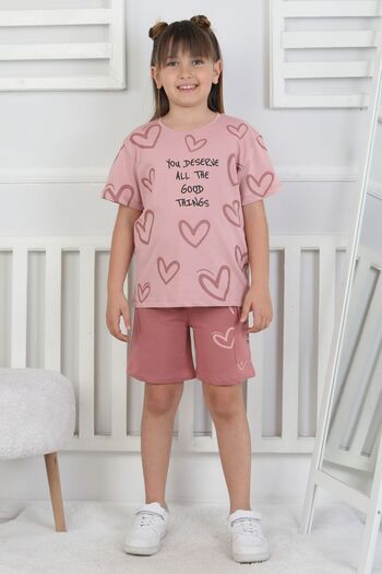 ZUZUNGA Good Things Heart Patterned Girls' Top Single Jersey Bottom 2 Thread Shorts Set