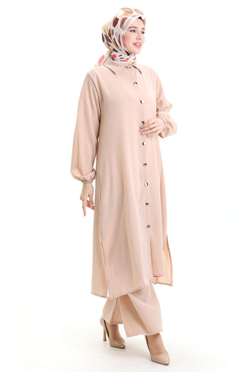 sefamerve Buttoned Long Tunic Trousers Double Suit 0089-09 Mink