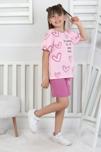 ZUZUNGA Good Things Heart Patterned Girls' Top Single Jersey Bottom 2 Thread Shorts Set