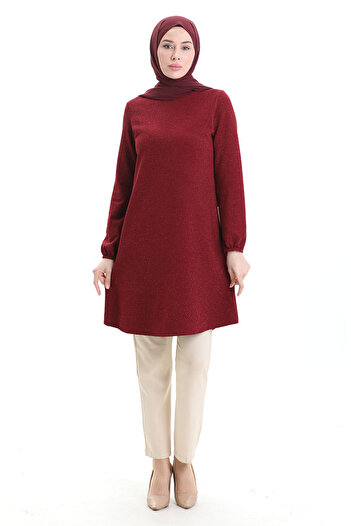 sefamerve Seasonal Tunic with Elasticated Sleeves 8753-02 Claret Red