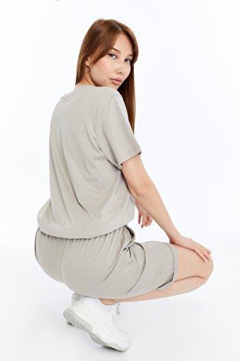 KRAVEN Women's 2-Piece Stone T-Shirt & Double Leg Shorts Set, Combed Cotton, Lycra Fabric Regular Fit