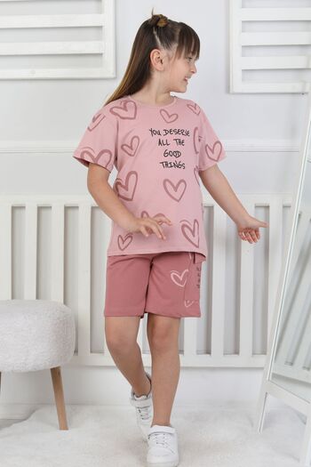 ZUZUNGA Good Things Heart Patterned Girls' Top Single Jersey Bottom 2 Thread Shorts Set