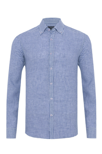 Germirli Albini Navy Blue White Gingham Button Collar Tailor Fit Delave Linen Shirt