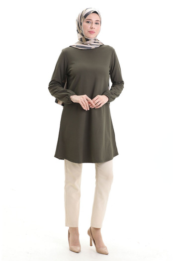 sefamerve Seasonal Flowy Plain Tunic with Elasticated Sleeves 8751-03 Khaki