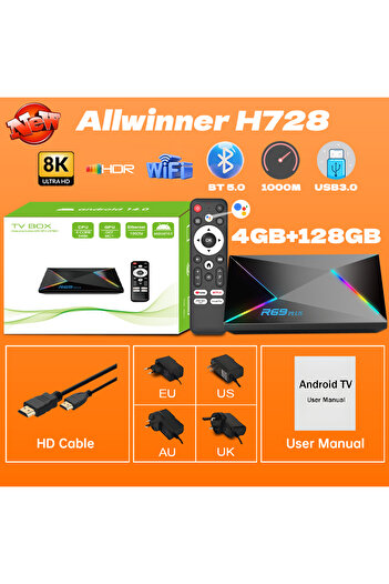 Choice صندوق تلفاز R69 Plus للتحكم الصوتي بقابس الولايات المتحدة 4 جيجابايت 128 جيجابايت Ultra HD 8K Allwinner H728 Octa Core يدعم Netflix