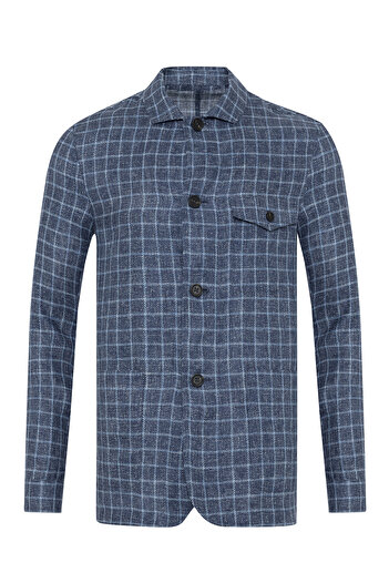 Germirli Albini Navy Blue Checkered Beyoğlu Linen Jacket Shirt