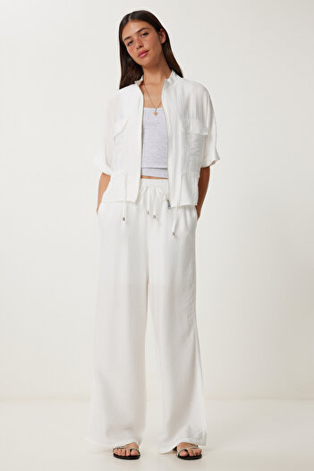 Lovelyİstanbul Crinkle Effect Jacket Pants Suit Ecru Ldp0053