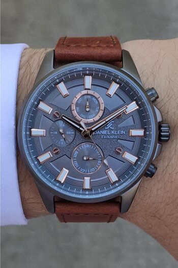 Daniel Klein DANİEL KLEIN EXCLUSIVE ACTIVE INDICATED TAN STRAP SMOKED CASE MEN'S WRISTWATCH