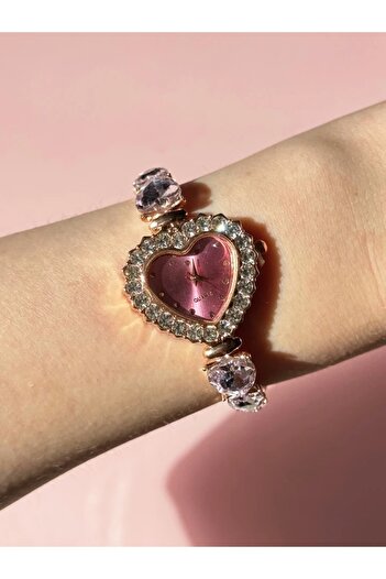Harlofia Jewelry Pink Heart Stone Watch with Elevator
