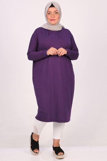 Eslina 28092 Large Size Low Sleeve Combed Cotton Tunic-Purple