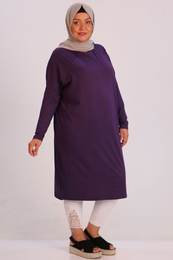 Eslina 28092 Large Size Low Sleeve Combed Cotton Tunic-Purple