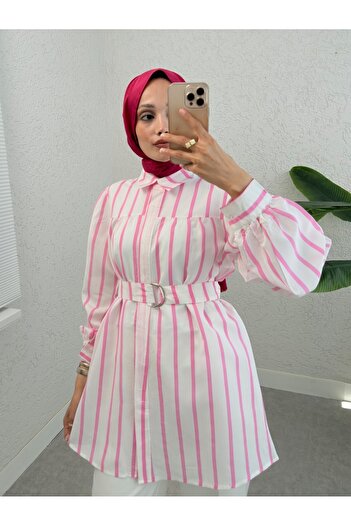 Modamorfo Pink Thick Striped Shirt with Buckle and Belt