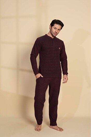 GUAVA+ Men's 3-Button Long Sleeve Chest Pocket Thessaloniki Fabric Winter Pajama Set with Pockets