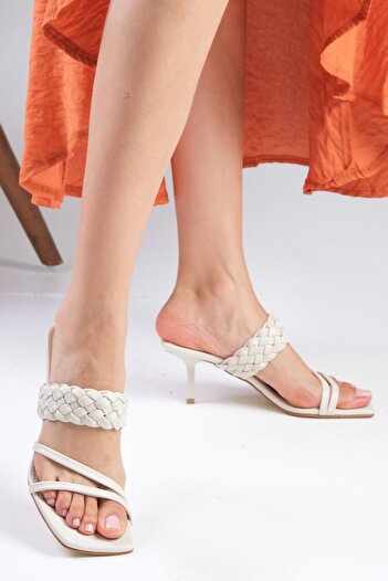 Mio Gusto Petra Beige Γνήσιο Δερμάτινο Γυναικείες Παντόφλες Παπούτσια με τακούνι