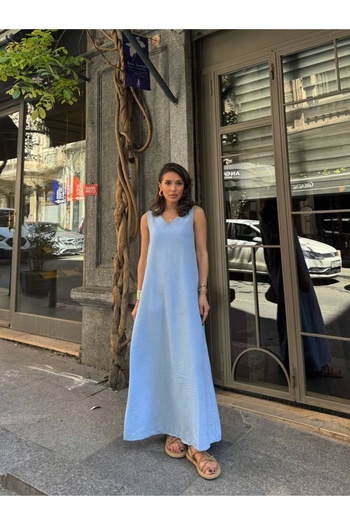 Ecenin Favorileri V Yaka Maxi Boy Keten Görünümlü Bebek Mavisi Elbise