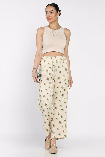 julude Cream Women's Patterned Waist Elastic Palazzo Trousers