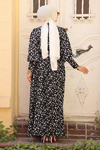 Neva Style Çiçek Desenli Siyah Tesettür Elbise 61091S