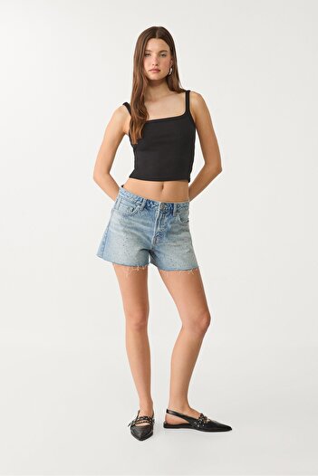 Stradivarius Parıltılı denim şort