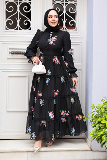 Neva Style Floral Print Black Hijab Dress 32815S