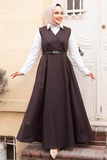N.S NEVA STYLE Dark Brown Hijab Gilet Dress 30284Kkh