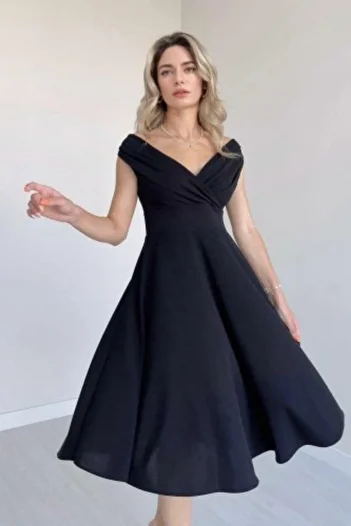 Mossta Off Shoulder Skirt Flounce Crepe Dress - Black