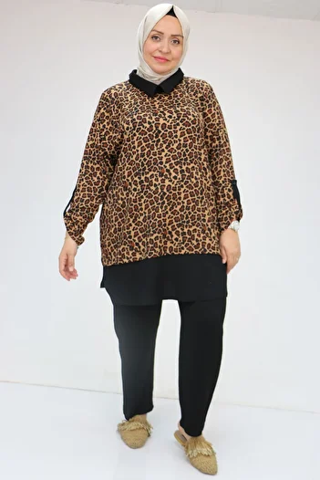 Eslina 57027 Large Size Men's Wrinkled Suit with Collar Combination Trousers - Black-Leopard