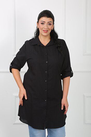 By Alba Collection Women's Black Linen Plus Size Tunic