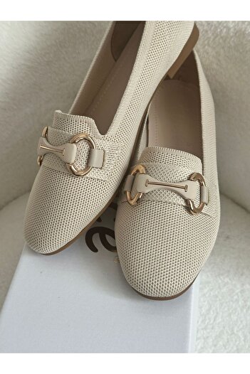 ZİESCE Women's Beige Gold Buckle Detail Tricot Ballet Shoes